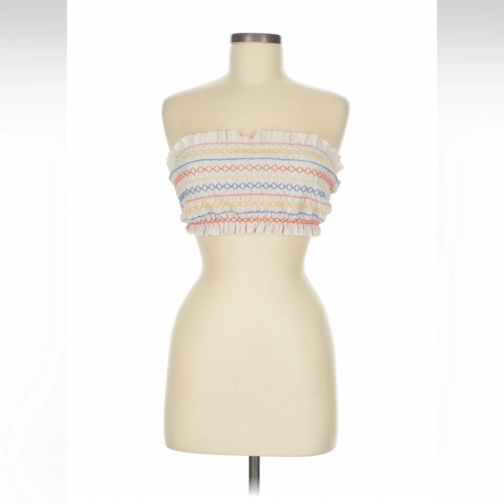 TORY BURCH Costa Smocked Bandeau Bikini Strapless Top in Cream